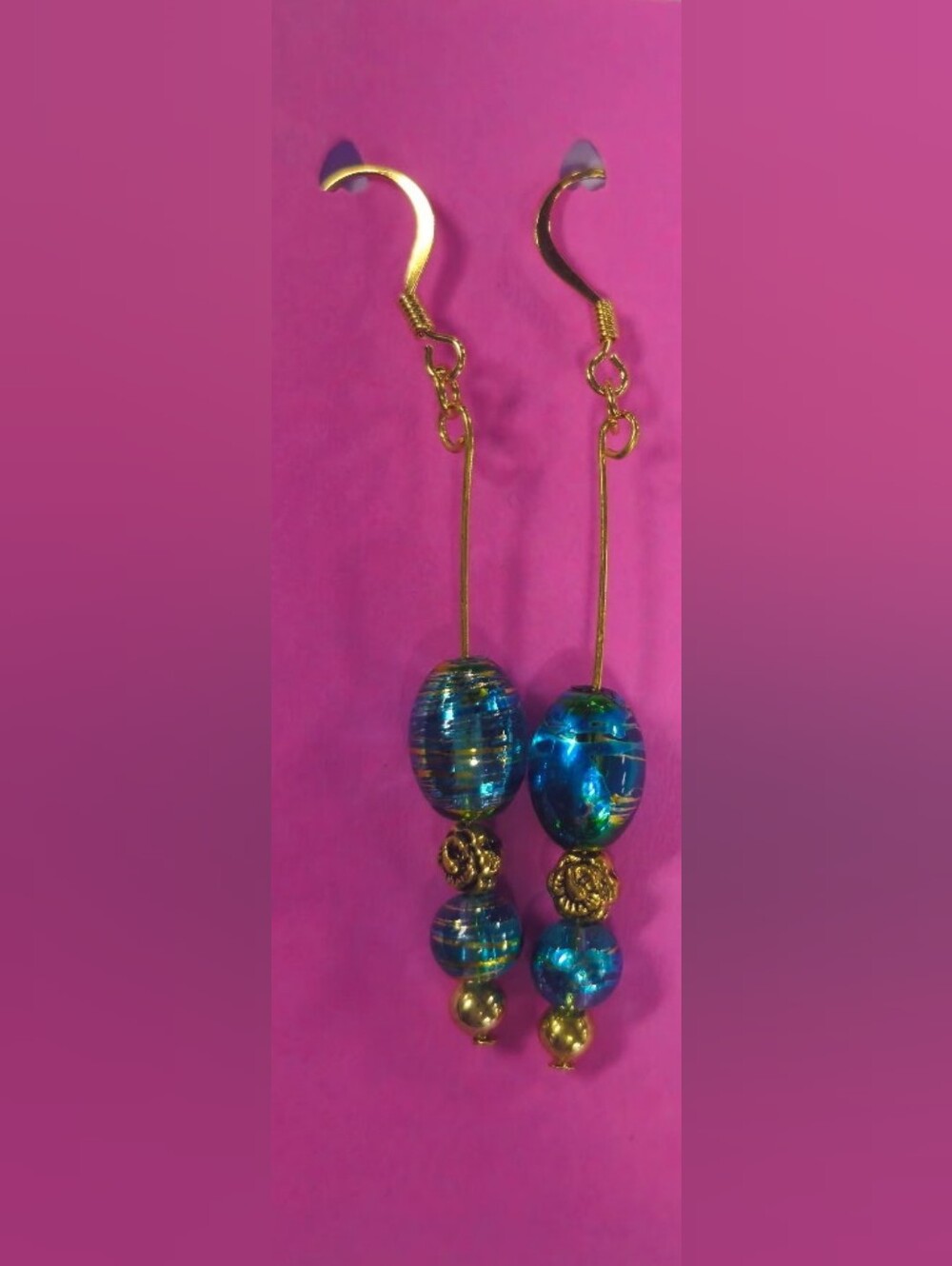 Gold-Tone Blue Bead Drop Earrings